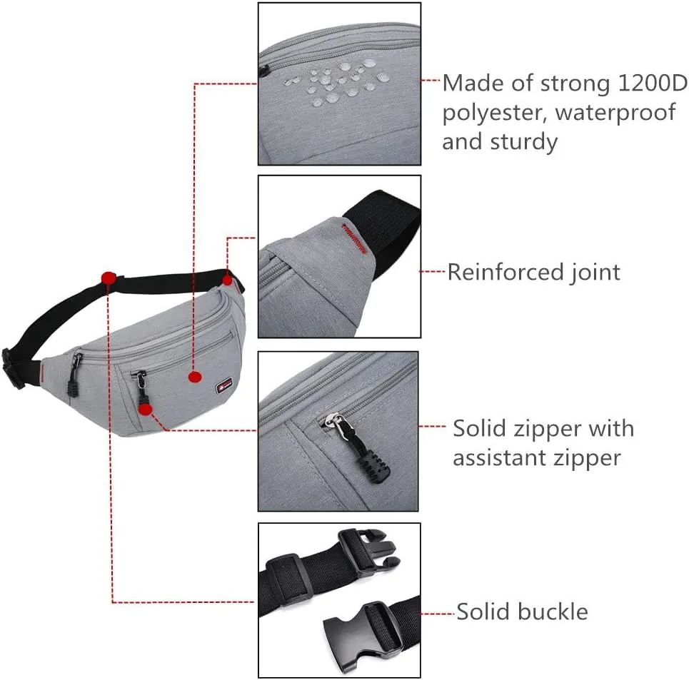 2 Packs Fanny Packs for Men and Women, Water Resistant Sports Waist Pack Bag Hip Bum Bag for Travel Hiking Running (Black   Light Blue)
