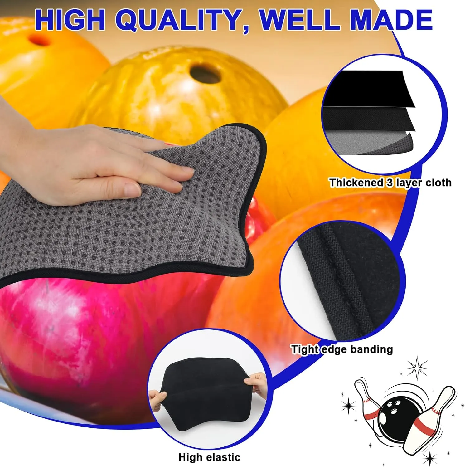 3 Pack Bowling Ball Towels, 10" x 8" Microfiber Bowling Shammy Accessories with Easy-Grip Dots Non-Slip (Black)
