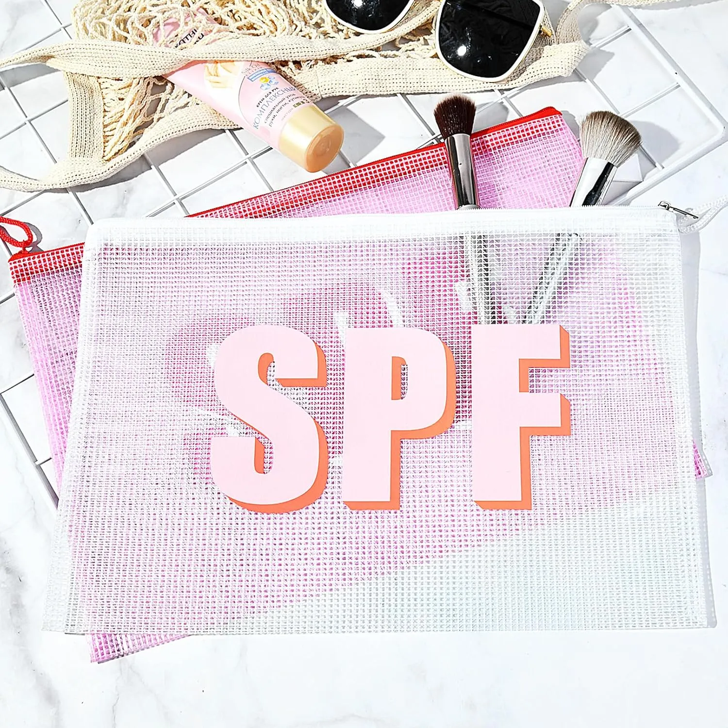 Aileam 4PCS SPF Makeup Bag Clear Zippered SPF Bag Cosmetic Pouch Waterproof Travel Toiletry Organizer for Women Varsity Letter Patch Beach Pool Essentials