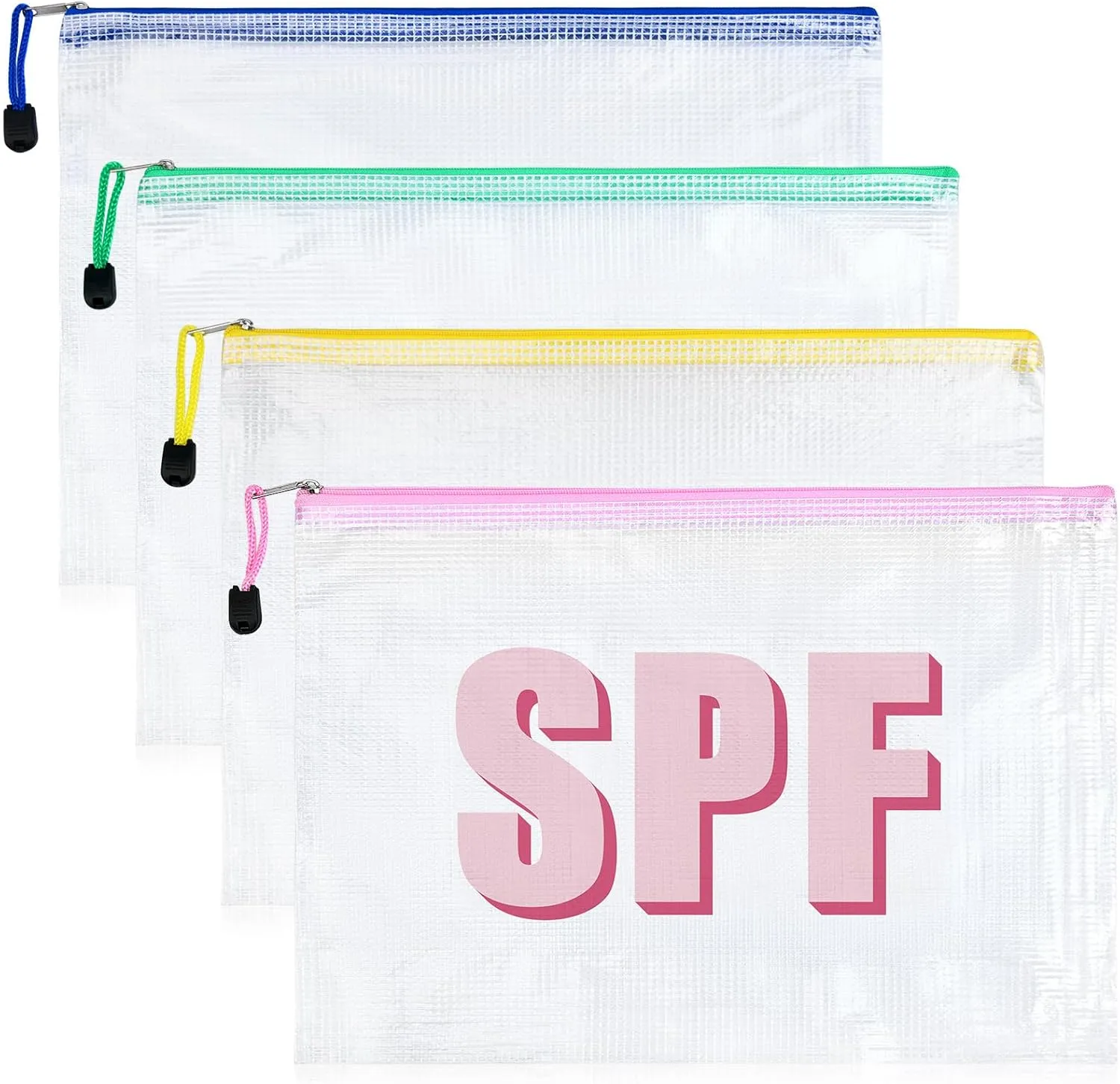 Aileam 4PCS SPF Makeup Bag Clear Zippered SPF Bag Cosmetic Pouch Waterproof Travel Toiletry Organizer for Women Varsity Letter Patch Beach Pool Essentials