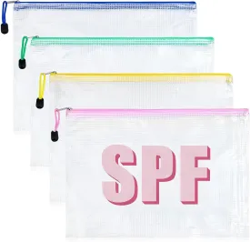 Aileam 4PCS SPF Makeup Bag Clear Zippered SPF Bag Cosmetic Pouch Waterproof Travel Toiletry Organizer for Women Varsity Letter Patch Beach Pool Essentials