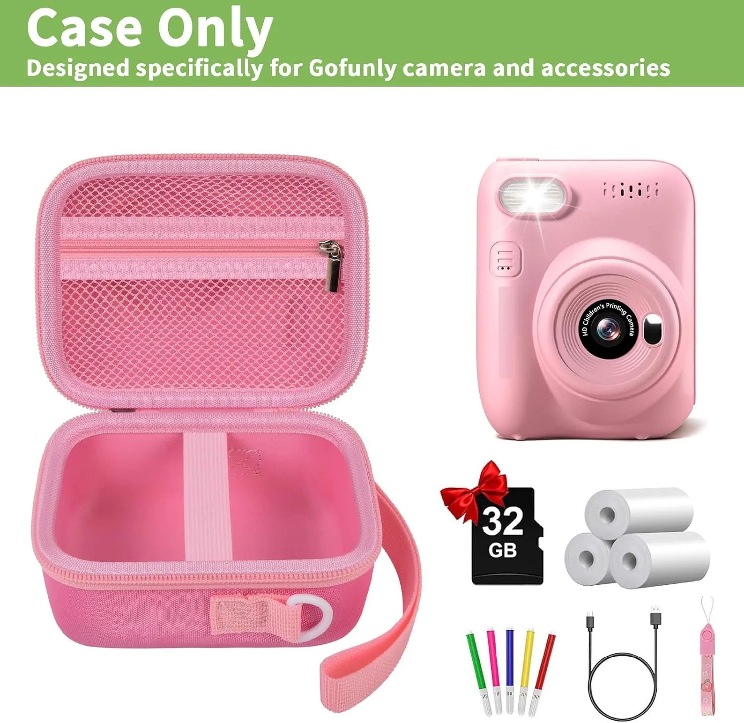 ALKOO Instant Print Camera Case Compatible with Gofunly Camera, Digital Camera Bag for Esoxoffore/for LETSHAHA/for JPVERLY/for Hangrui, Storage for Printer Paper and 32GB SD Card- Pink (Box Only)
