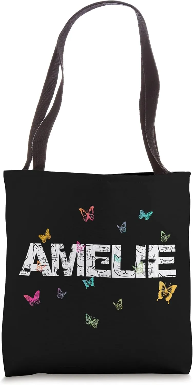 Amelie - Beautiful Name with colorful Butterflies and Cats Tote Bag