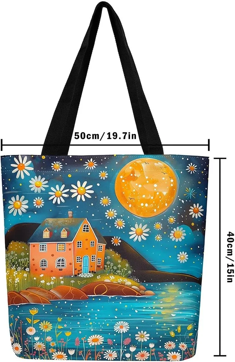 Castle Fairy Western Cowboy Canvas Tote Bag,Sketch Highland Cow Horse Desert Tote Bag