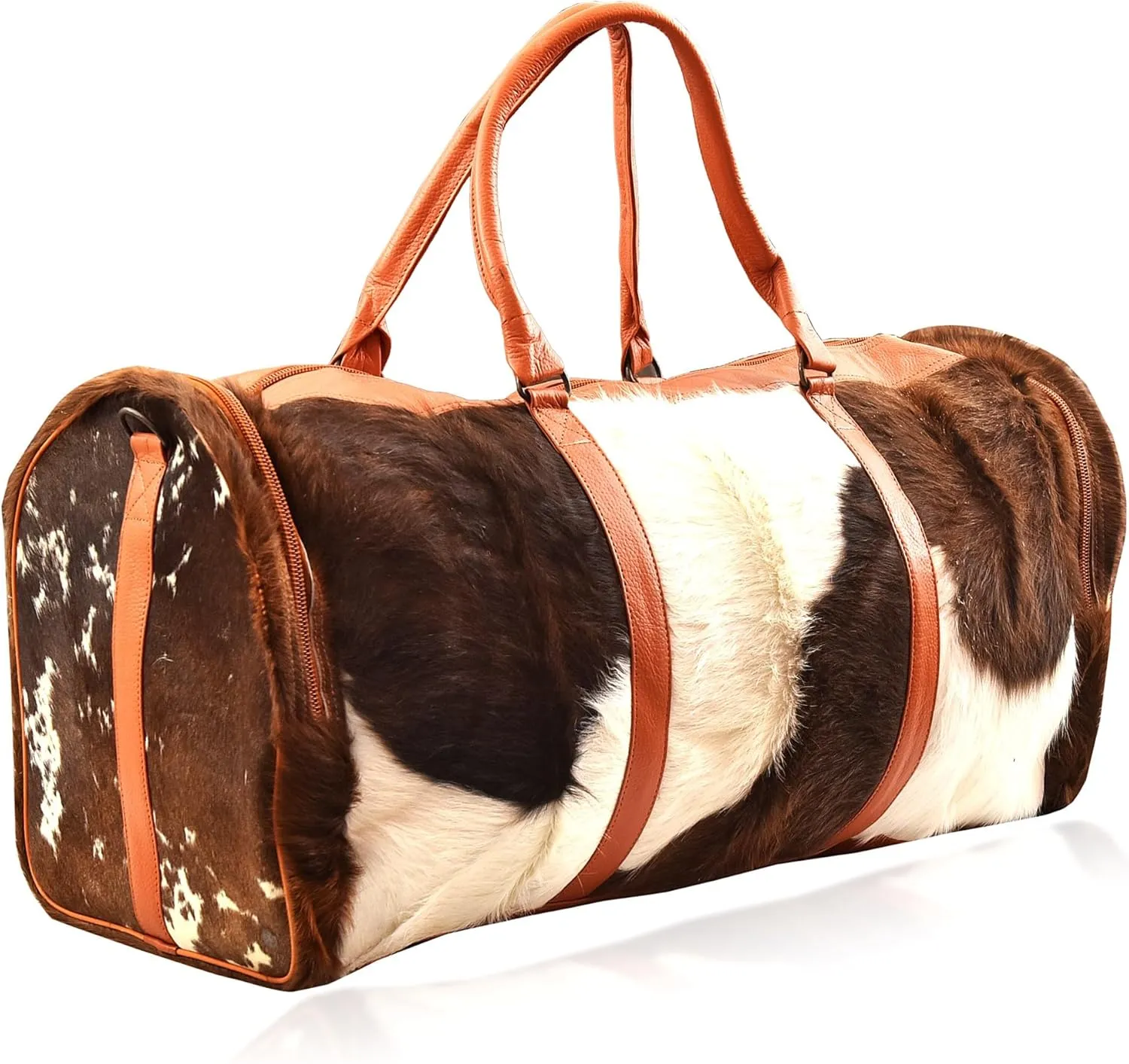 Cow Print Duffel Bag, Real Hair on Cowhide Weekender Bag for Travel and Gym (Tan & White)
