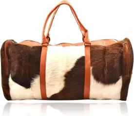 Cow Print Duffel Bag, Real Hair on Cowhide Weekender Bag for Travel and Gym (Tan & White)