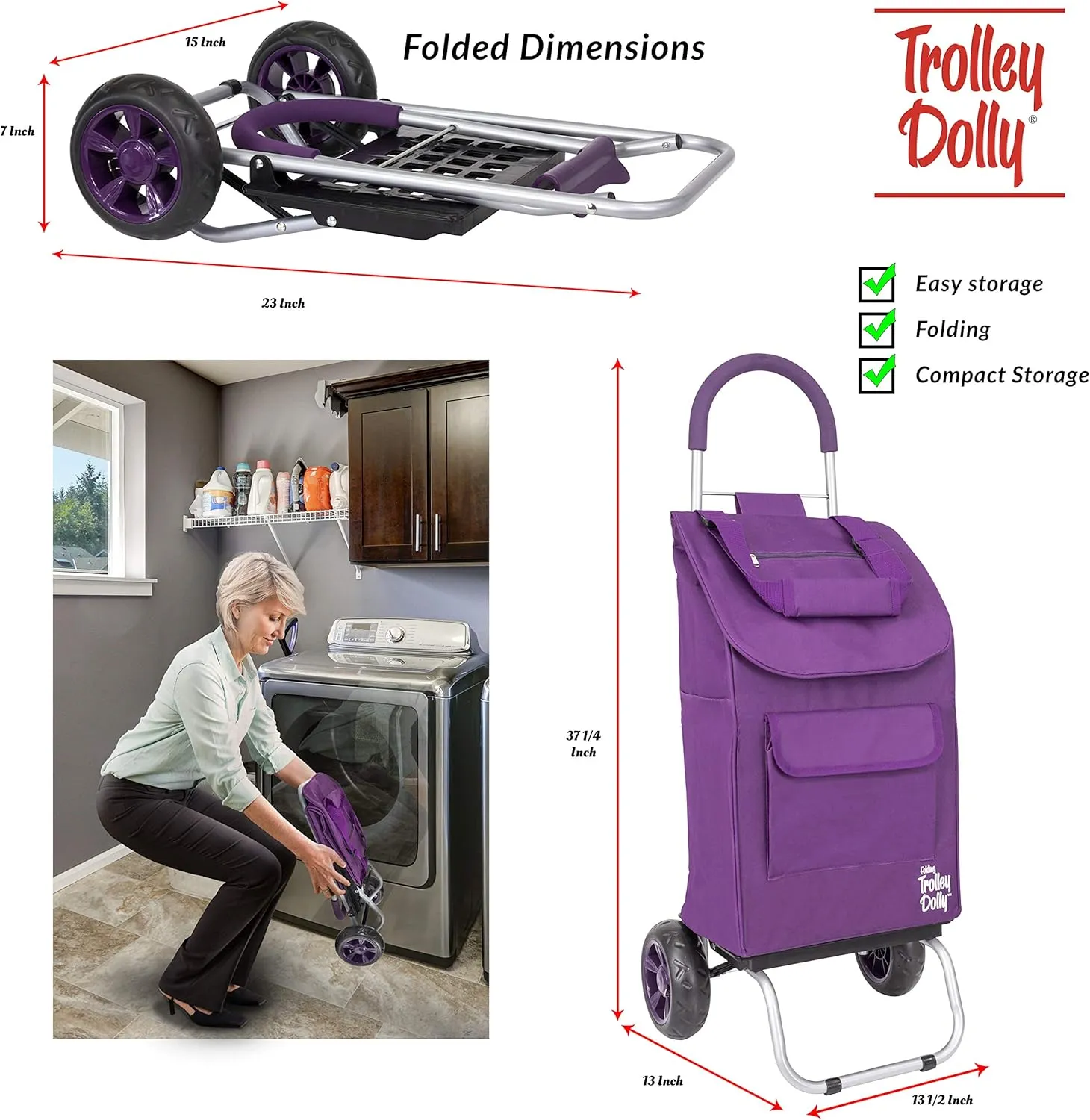 dbest products Trolley Dolly Purple Bungee Cord Bundle Foldable Shopping cart for Groceries with Wheels and Removable Bag and Rolling Personal Handtruck Standard, 1 Unit