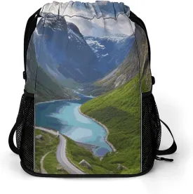 Drawstring Backpack Norwegian Fjords Printed Drawstring Bags Dry And Wet Separation Gym Sack with Shoes Compartment