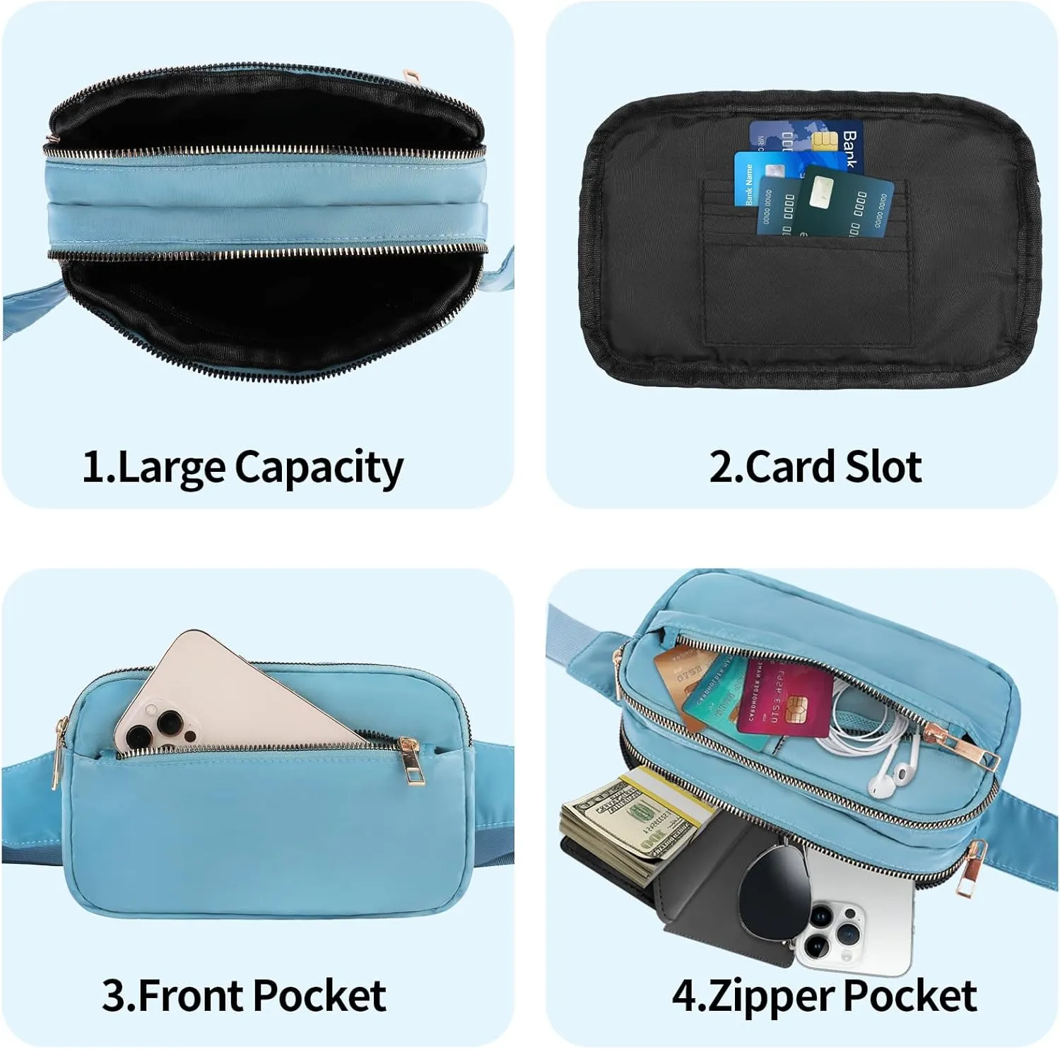 Fashion Fanny Bag-Waist Pack With Adjustable Belt Bag-Unisex Crossbody Pack For Travel Running Hiking-Light Blue