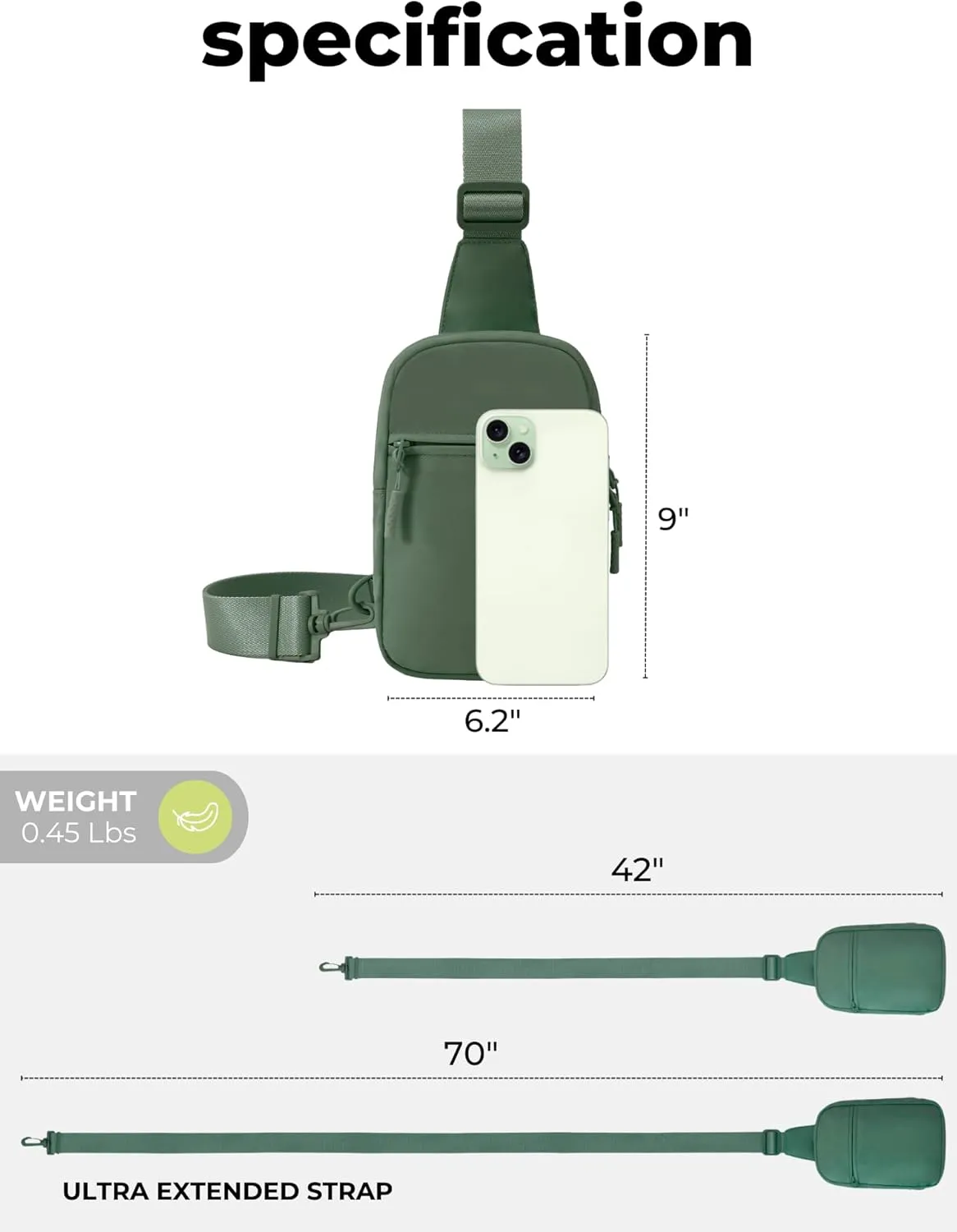 FORZAROCKET Ultralight Sling Bag w/Long Strap 70"  Small Crossbody Bag w/Extended Strap  Women Men Fanny Pack w/Anti-Theft Pocket  Two-Way Durable Zipper  Travel & Plus Size Friendly, Green