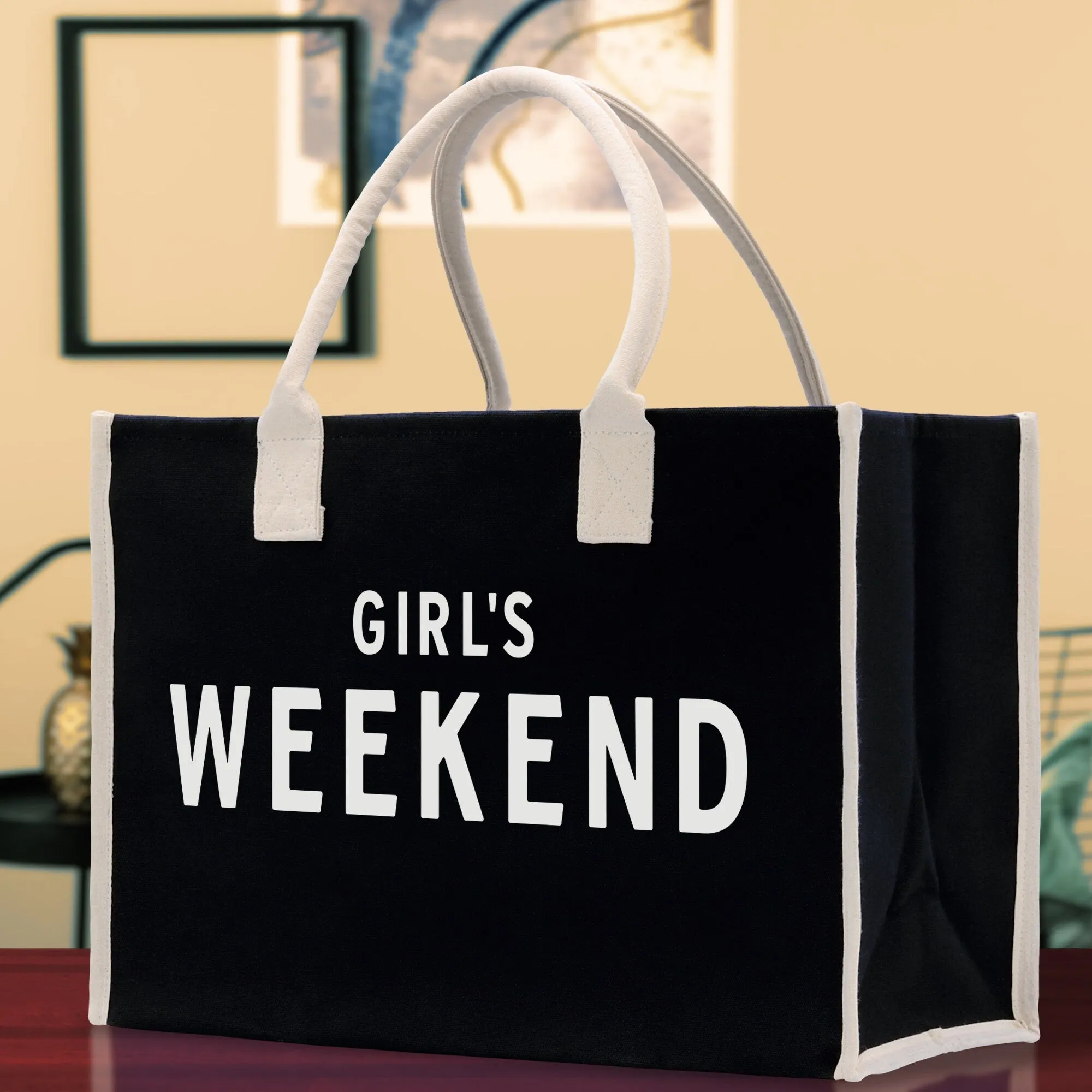 Girl's Weekend Cotton Canvas Chic Beach Tote Bag Multipurpose Tote Weekender Tote Gift for Her Outdoor Tote Vacation Tote Large Beach Bag