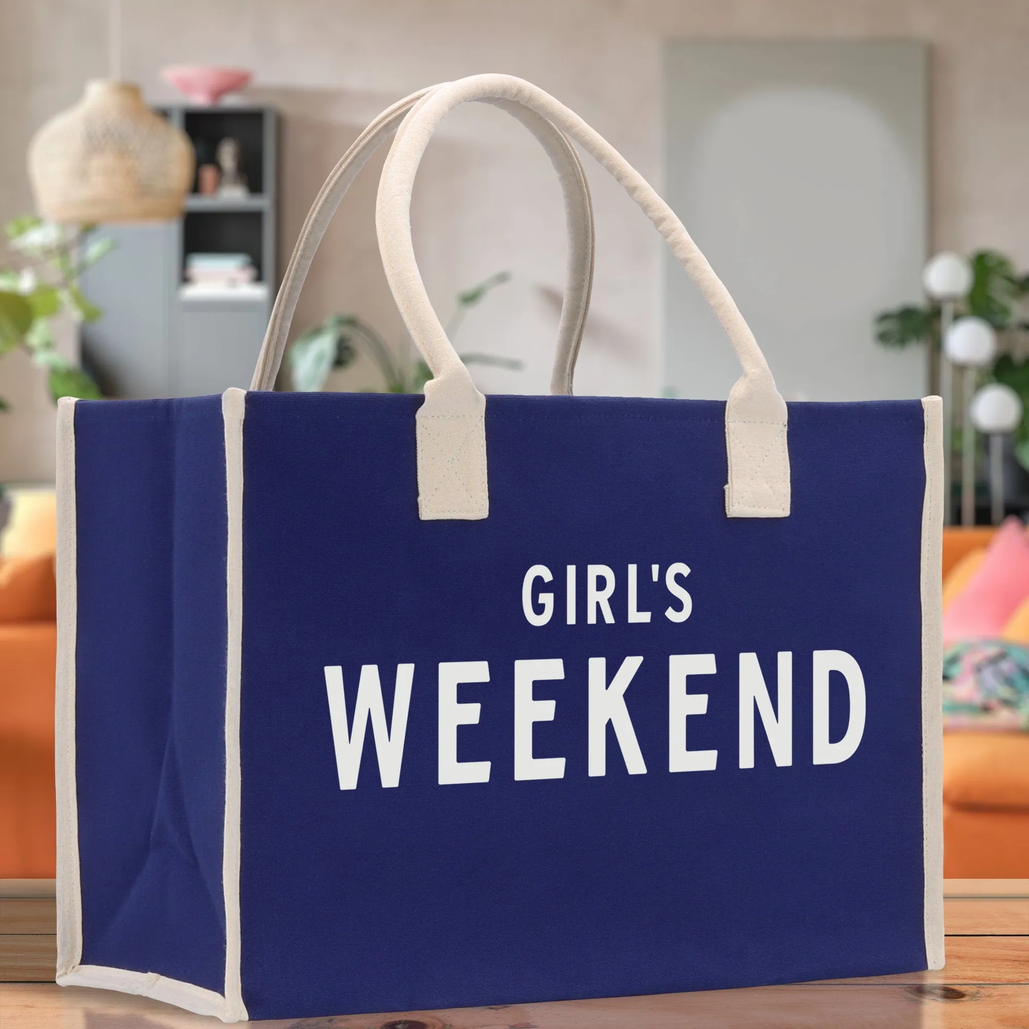 Girl's Weekend Cotton Canvas Chic Beach Tote Bag Multipurpose Tote Weekender Tote Gift for Her Outdoor Tote Vacation Tote Large Beach Bag