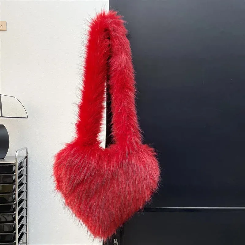 Heart Faux Fur Shoulder Bag