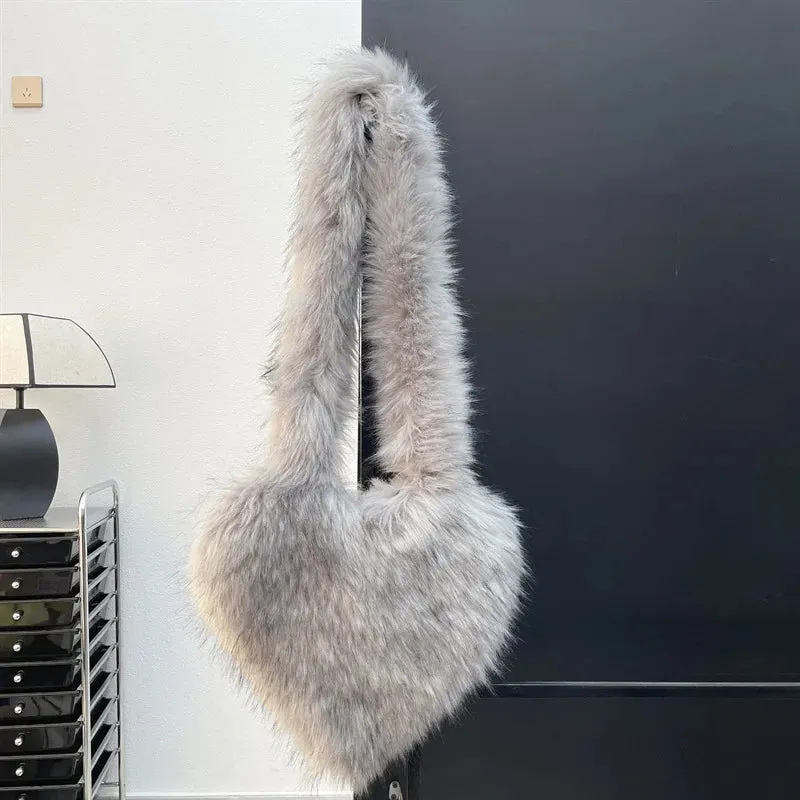 Heart Faux Fur Shoulder Bag
