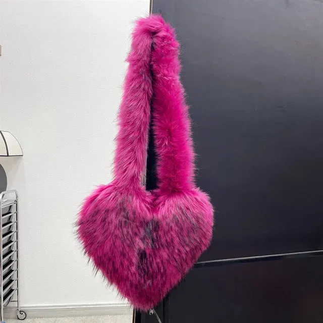 Heart Faux Fur Shoulder Bag