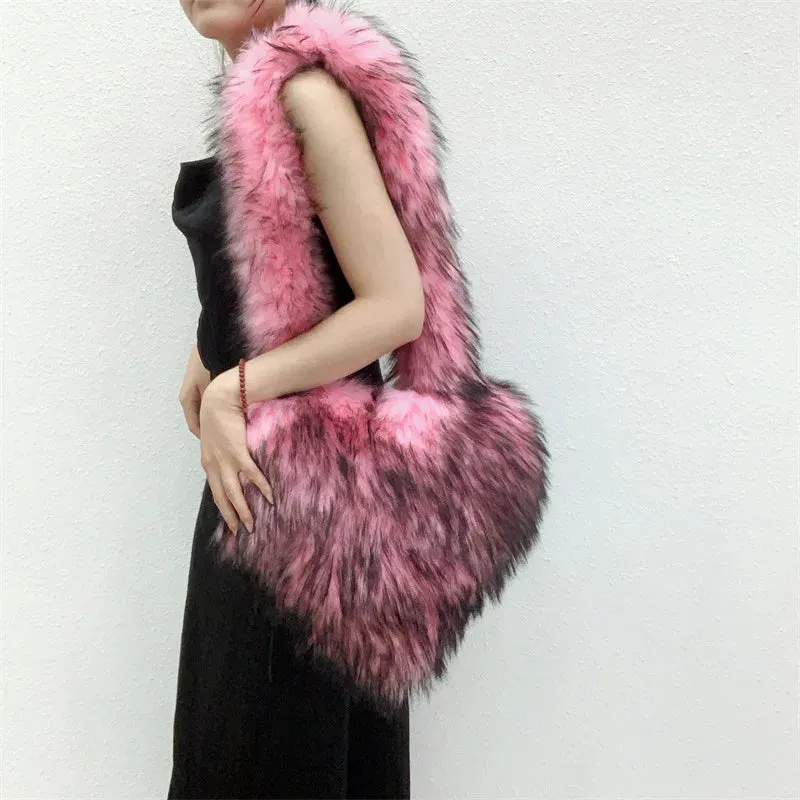 Heart Faux Fur Shoulder Bag