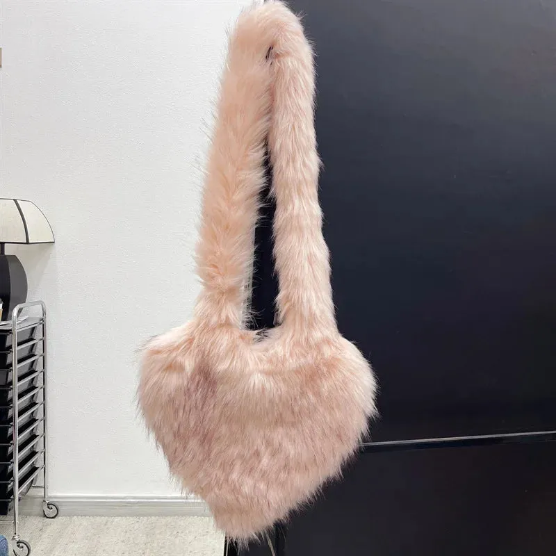 Heart Faux Fur Shoulder Bag