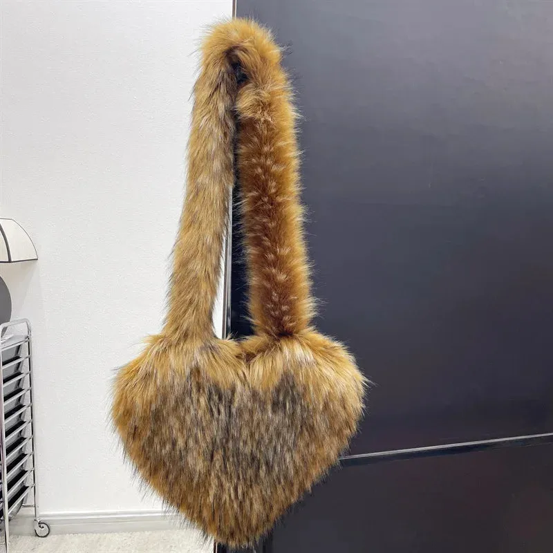 Heart Faux Fur Shoulder Bag