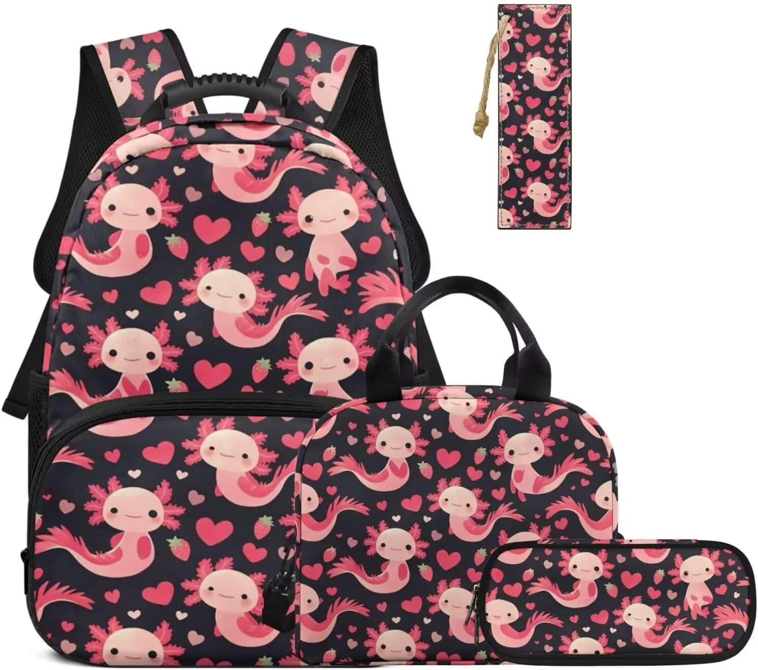 HUGS IDEA Axolotl Backpack for Girls 8-10 Kids School Backpack Set with Lunch Box 17 Inch Bookbag for Elementary Students School Bag for Girls Lightweight Children Travel Back Pack