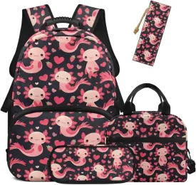 HUGS IDEA Axolotl Backpack for Girls 8-10 Kids School Backpack Set with Lunch Box 17 Inch Bookbag for Elementary Students School Bag for Girls Lightweight Children Travel Back Pack