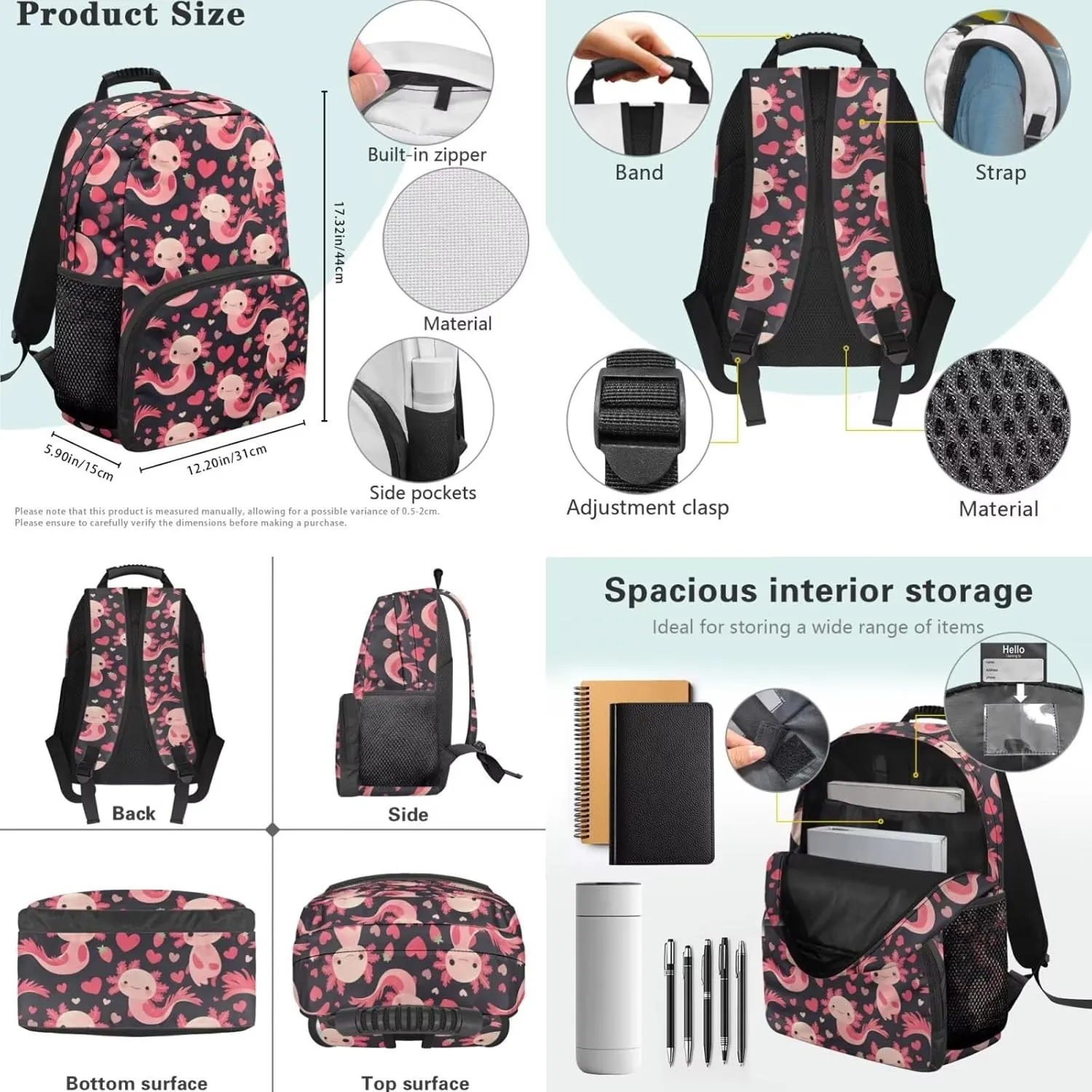 HUGS IDEA Axolotl Backpack for Girls 8-10 Kids School Backpack Set with Lunch Box 17 Inch Bookbag for Elementary Students School Bag for Girls Lightweight Children Travel Back Pack