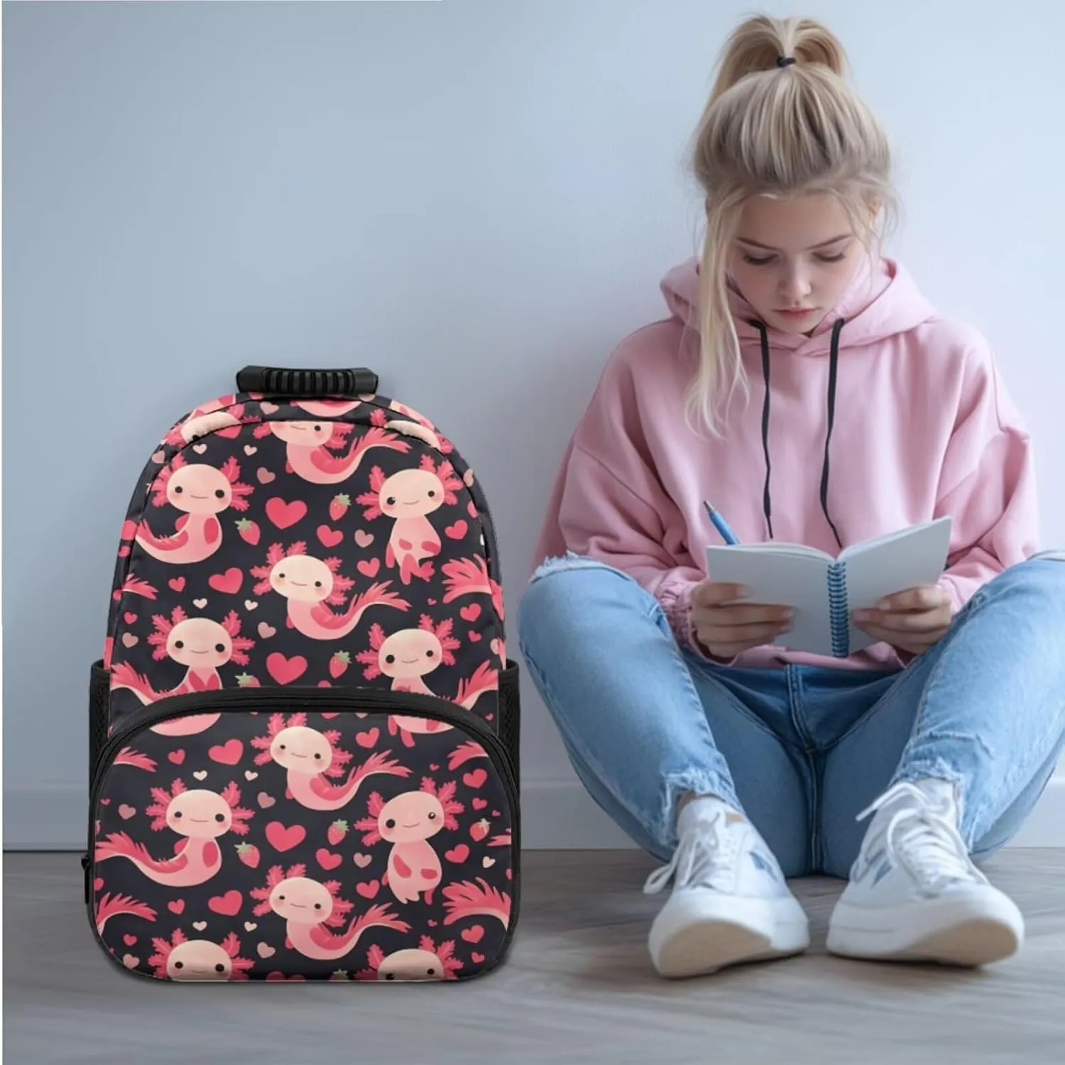 HUGS IDEA Axolotl Backpack for Girls 8-10 Kids School Backpack Set with Lunch Box 17 Inch Bookbag for Elementary Students School Bag for Girls Lightweight Children Travel Back Pack