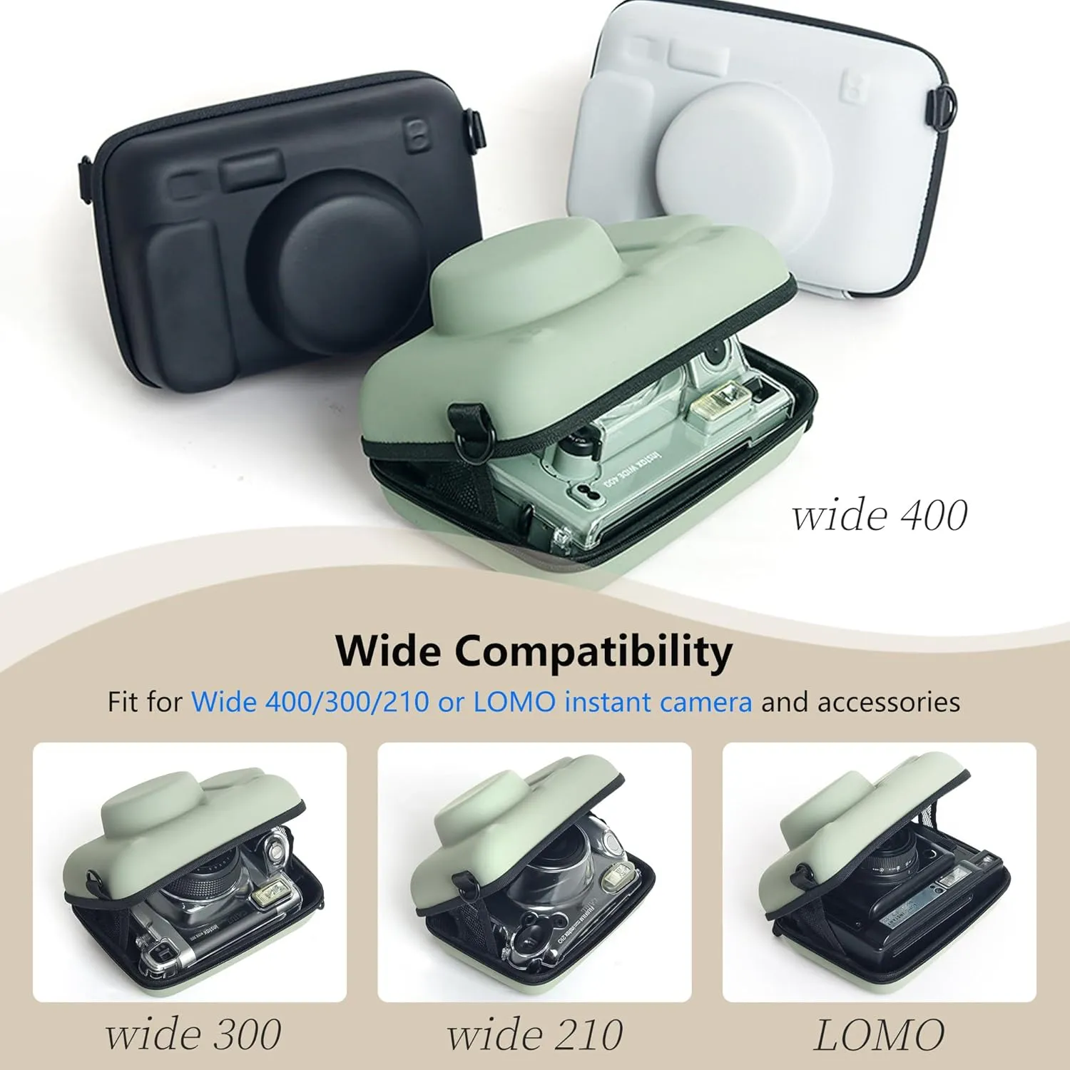 Instant Camera Protective Case Compatible with Fujifilm Instax Wide 400/300/210/LOMO and Accessories, Hard Shell Shockproof Carrying Case with Mesh Pouch Removable Adjustable Strap (Green)