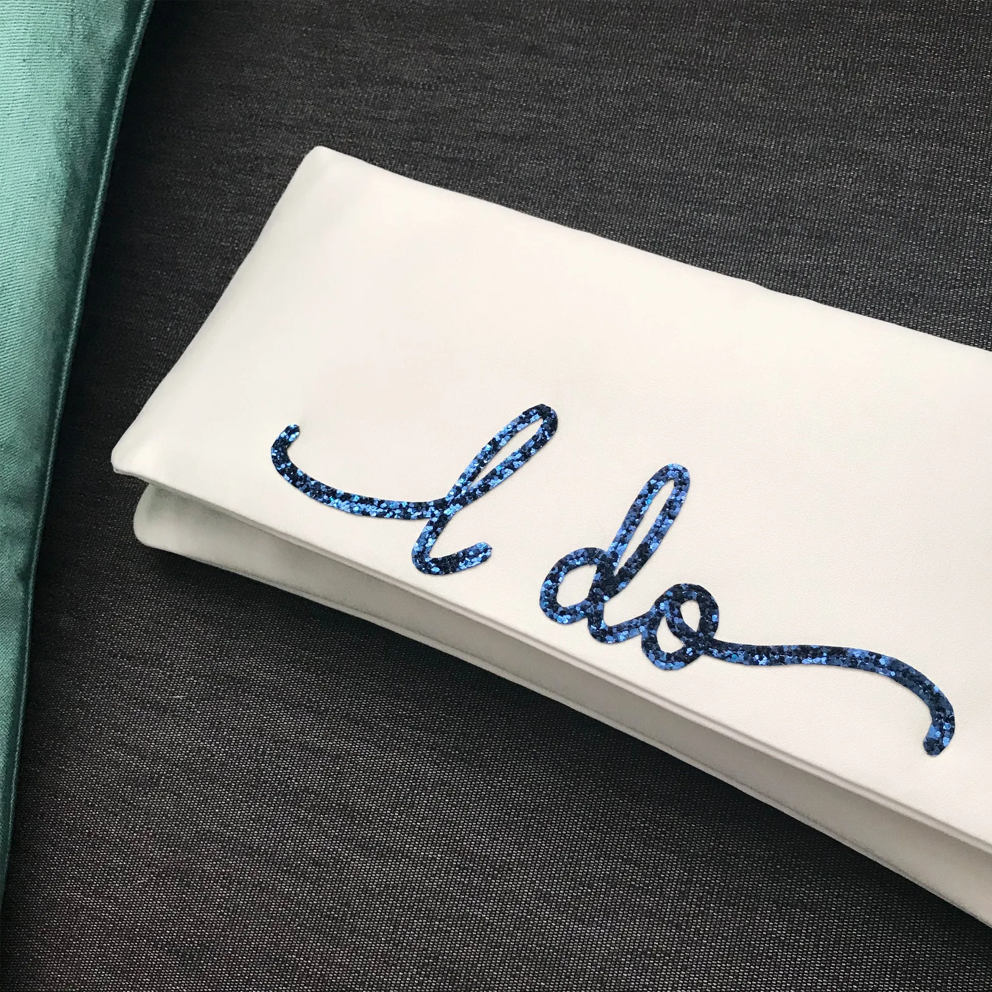 Ivory satin I DO wedding day bridal clutch handbag flourish font
