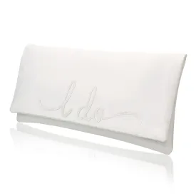 Ivory satin I DO wedding day bridal clutch handbag flourish font