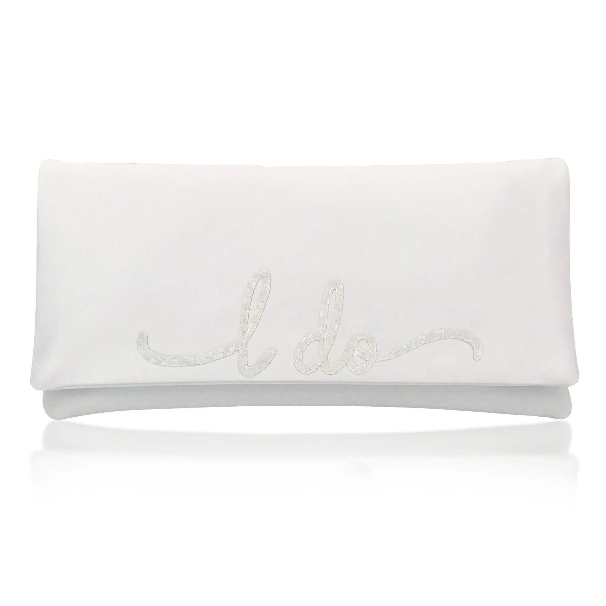 Ivory satin I DO wedding day bridal clutch handbag flourish font
