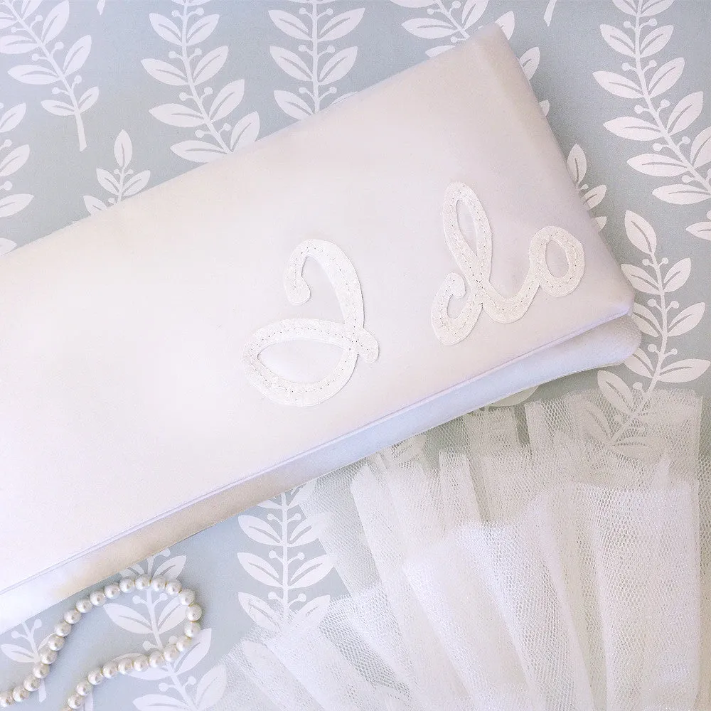 Ivory satin I DO wedding day bridal clutch handbag