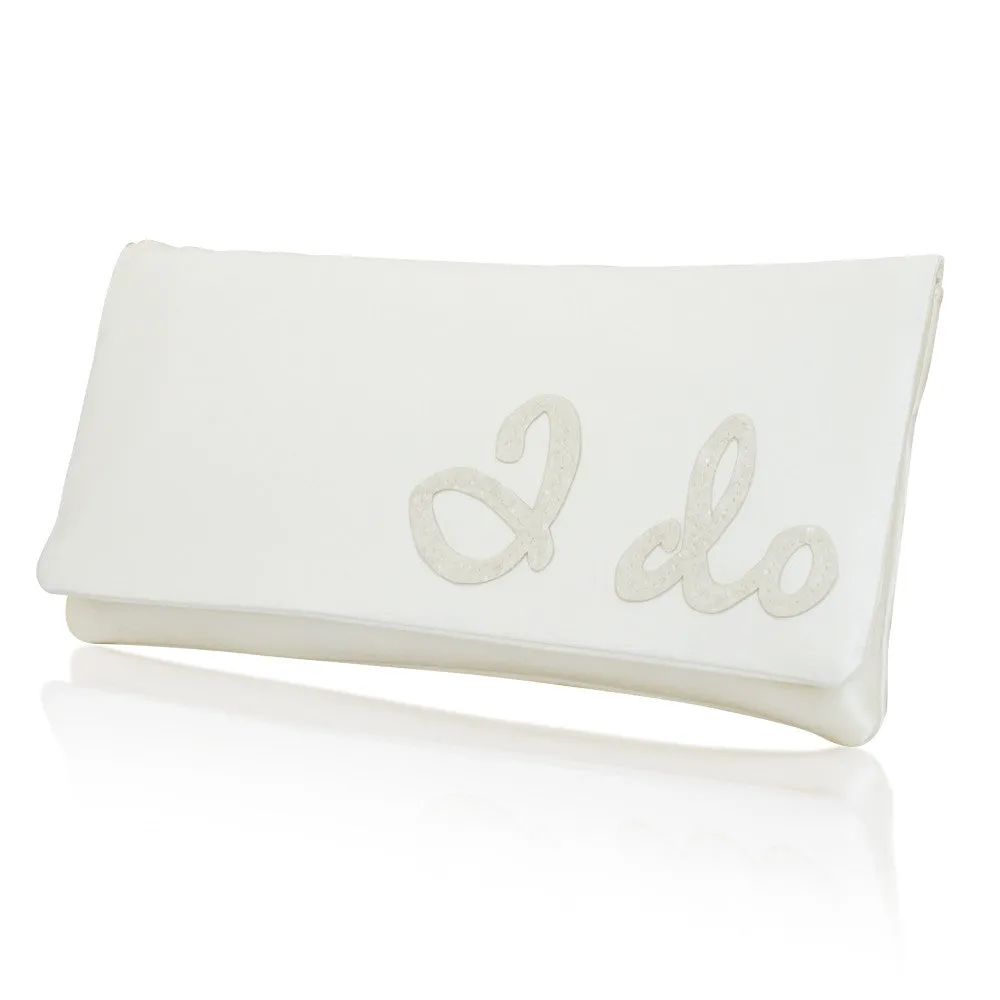 Ivory satin I DO wedding day bridal clutch handbag