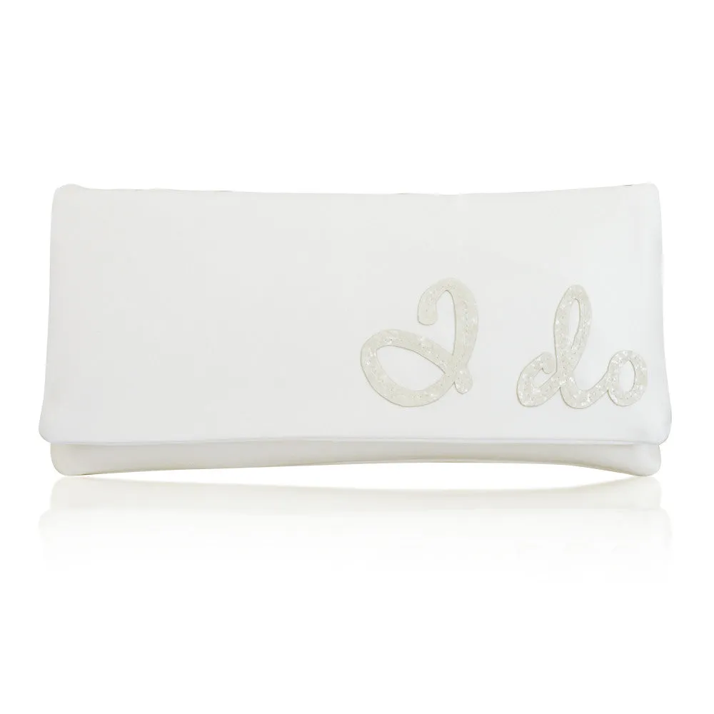 Ivory satin I DO wedding day bridal clutch handbag