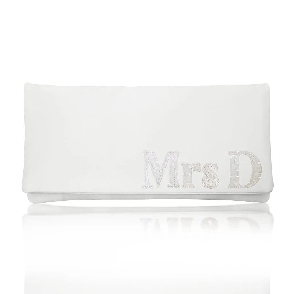 Ivory satin MRS personalised serif initial wedding day bridal clutch handbag