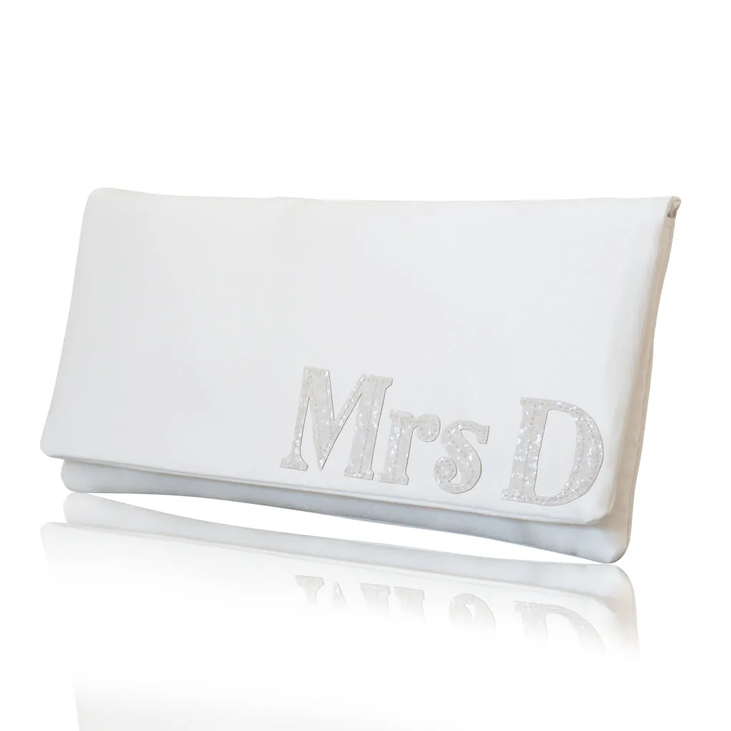 Ivory satin MRS personalised serif initial wedding day bridal clutch handbag