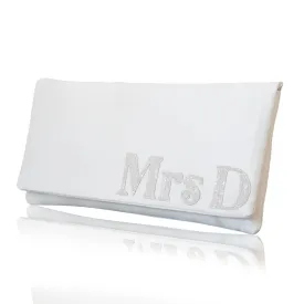 Ivory satin MRS personalised serif initial wedding day bridal clutch handbag