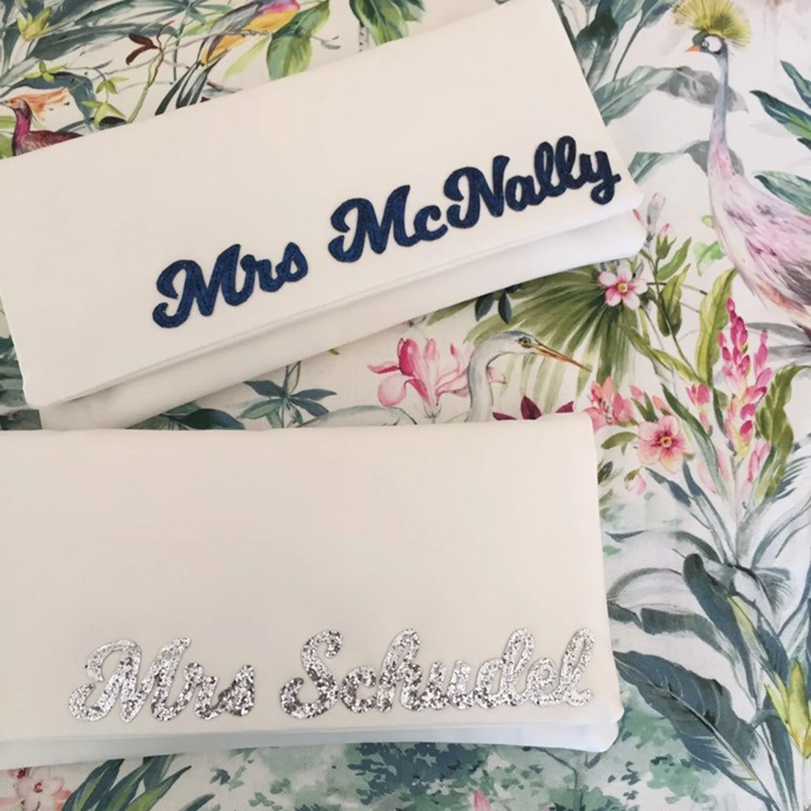 Ivory satin MRS surname wedding day bridal clutch handbag