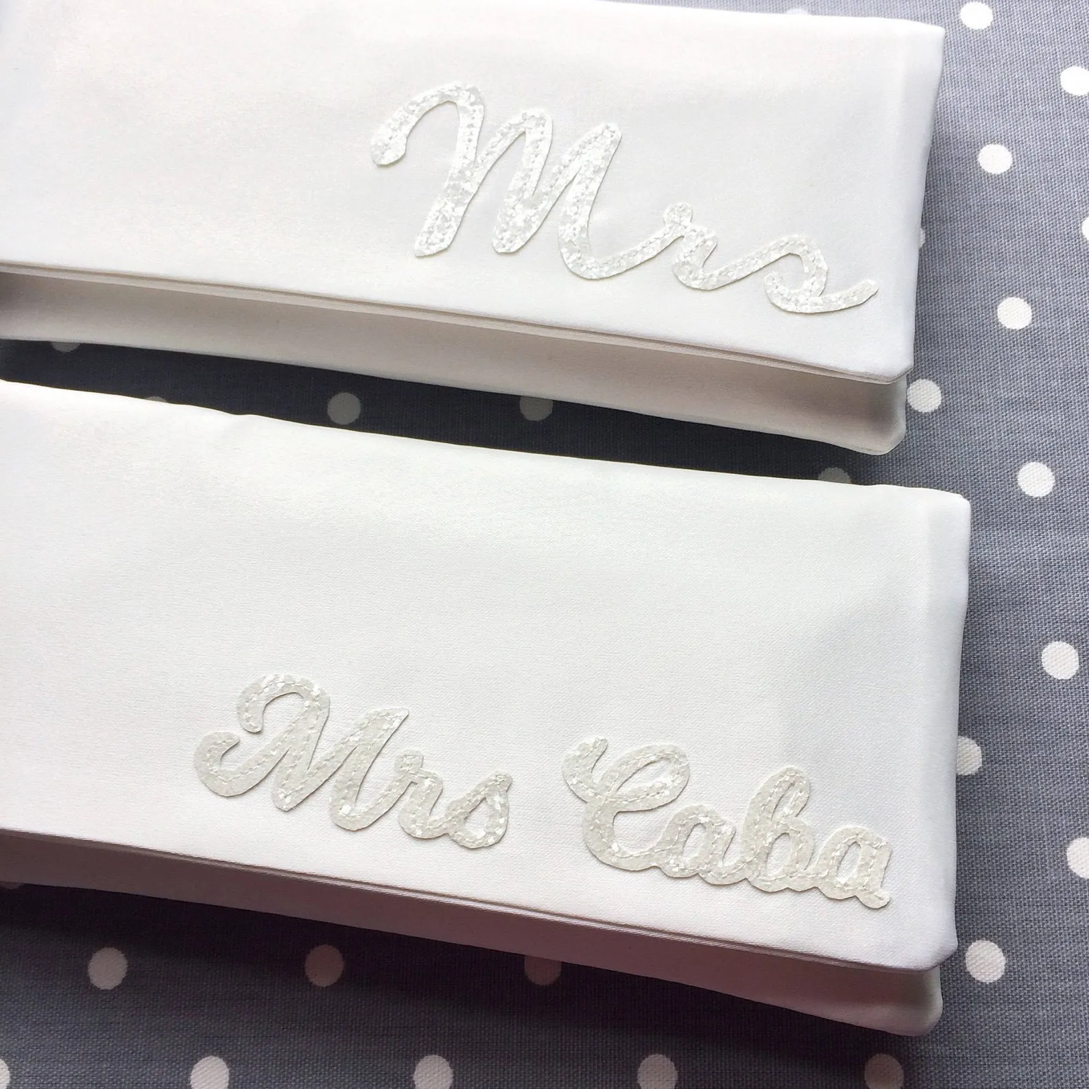 Ivory satin MRS surname wedding day bridal clutch handbag