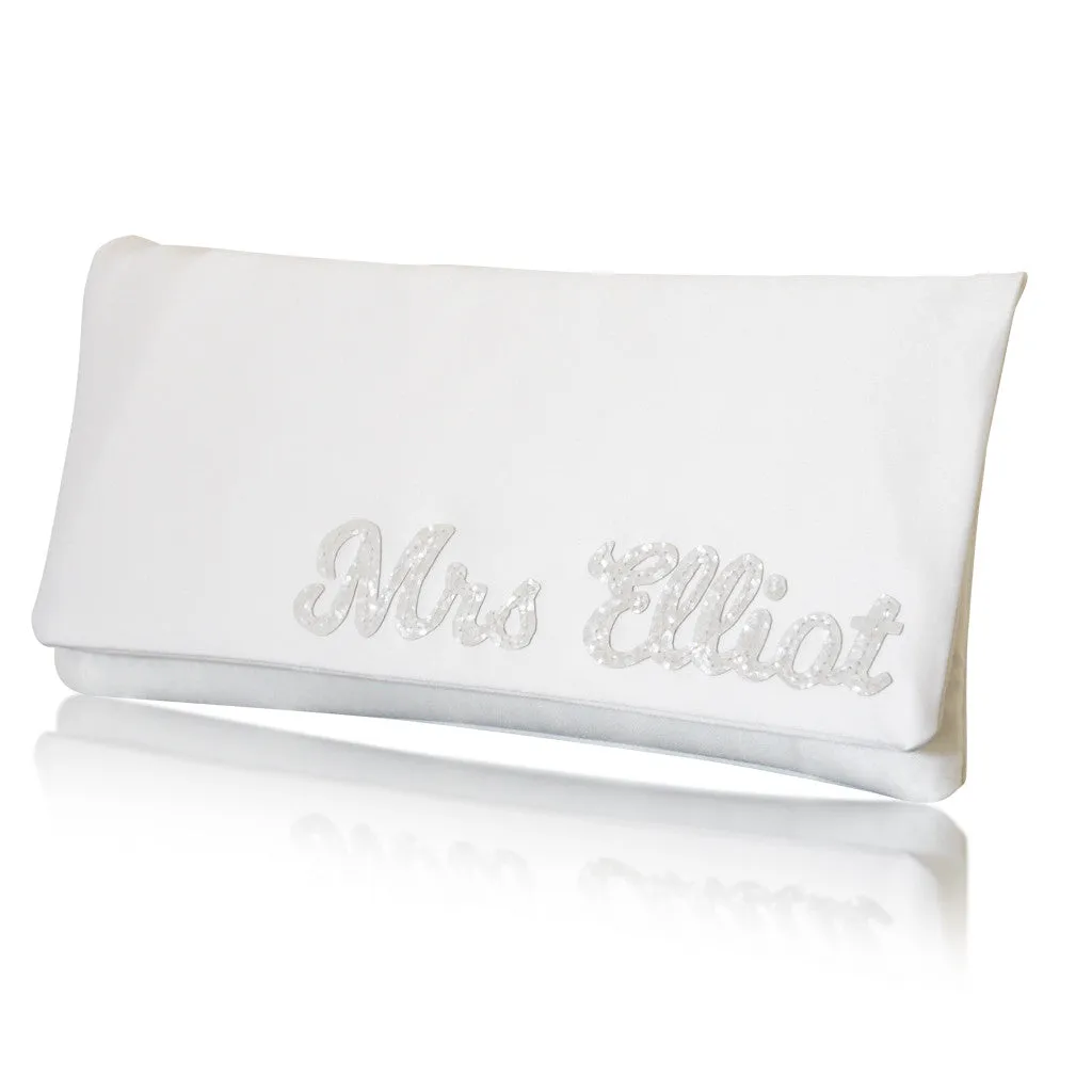 Ivory satin MRS surname wedding day bridal clutch handbag