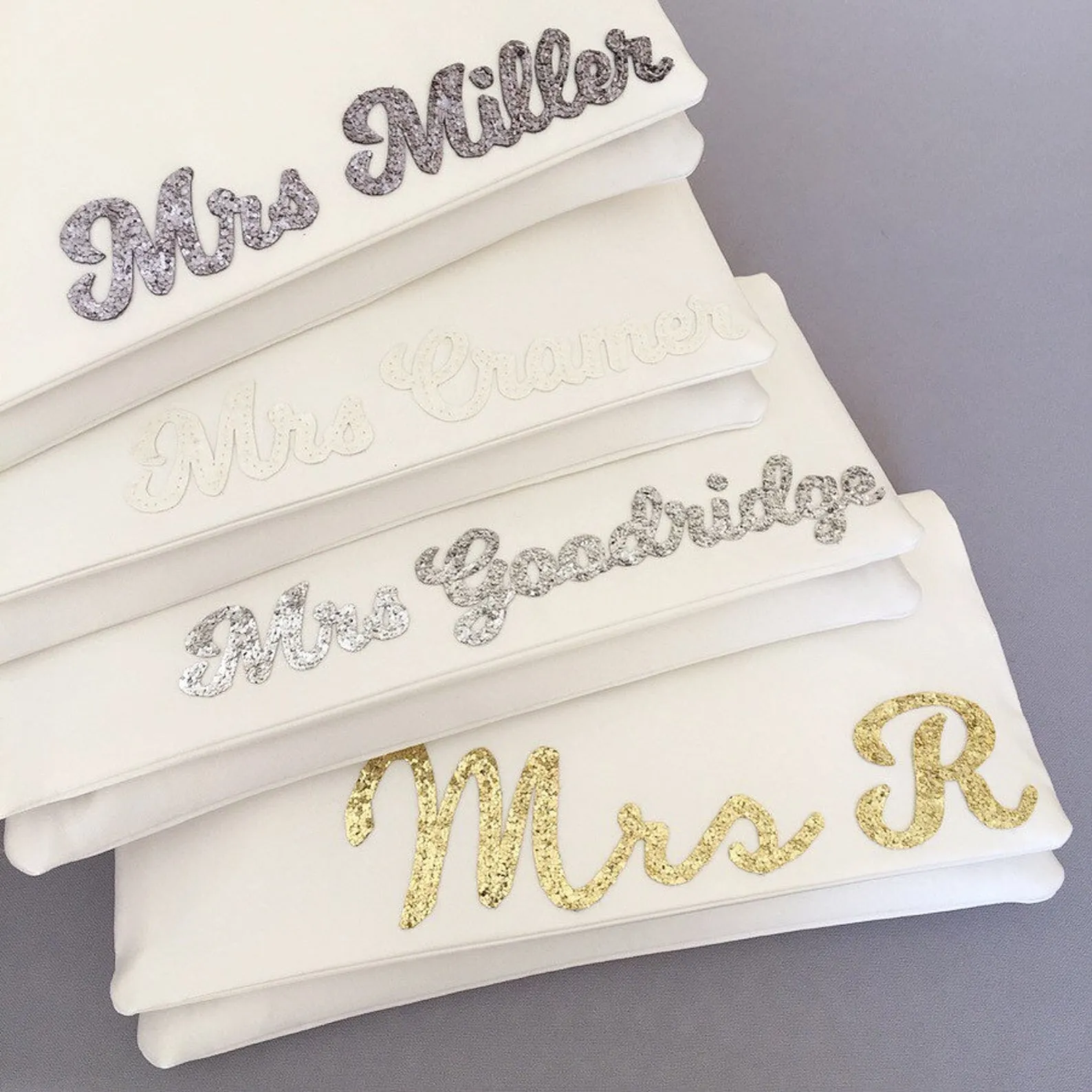 Ivory satin MRS surname wedding day bridal clutch handbag