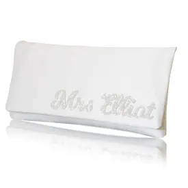 Ivory satin MRS surname wedding day bridal clutch handbag