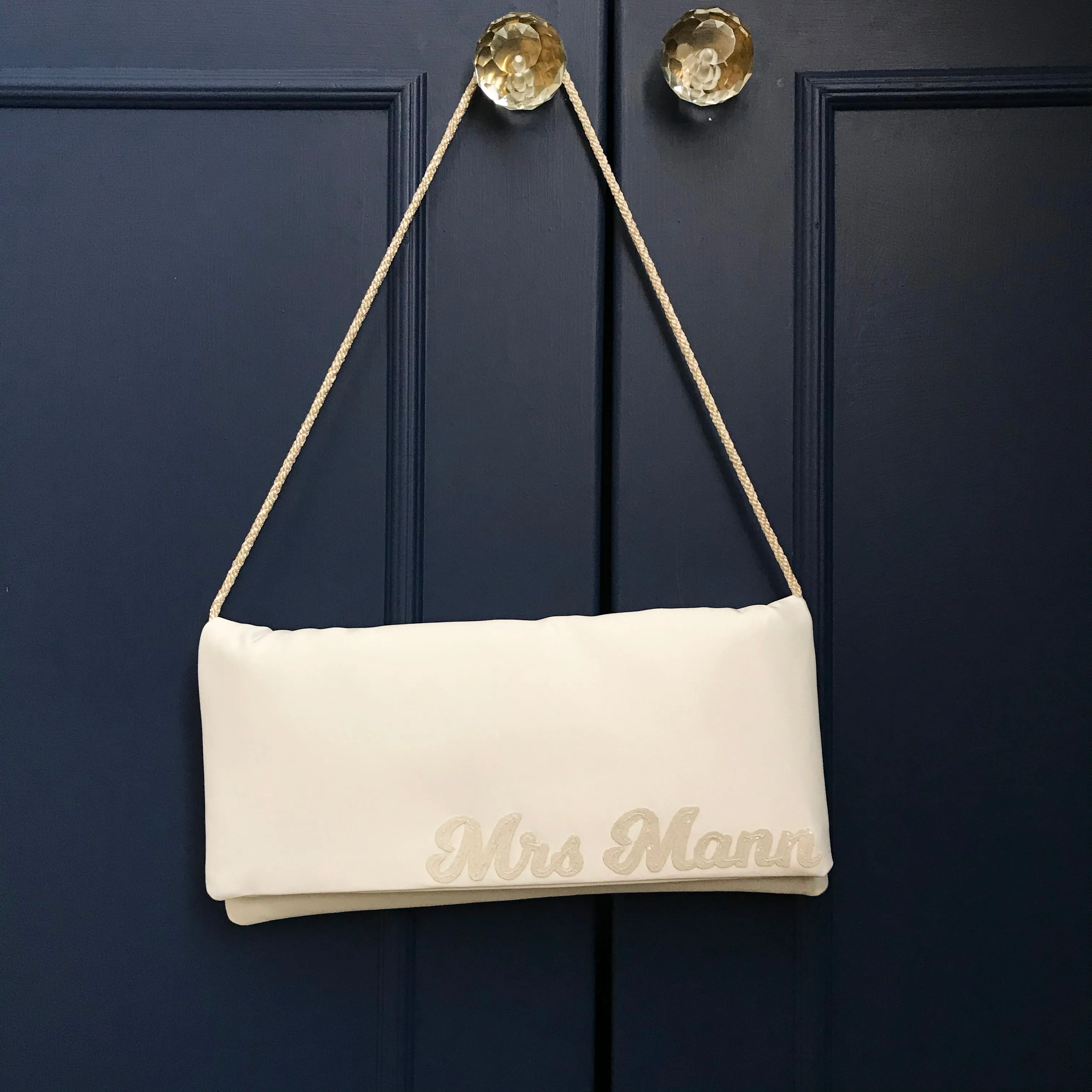 Ivory satin MRS surname wedding day bridal clutch handbag