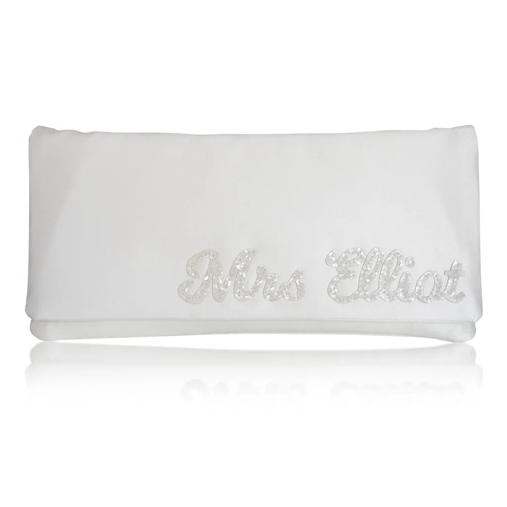 Ivory satin MRS surname wedding day bridal clutch handbag