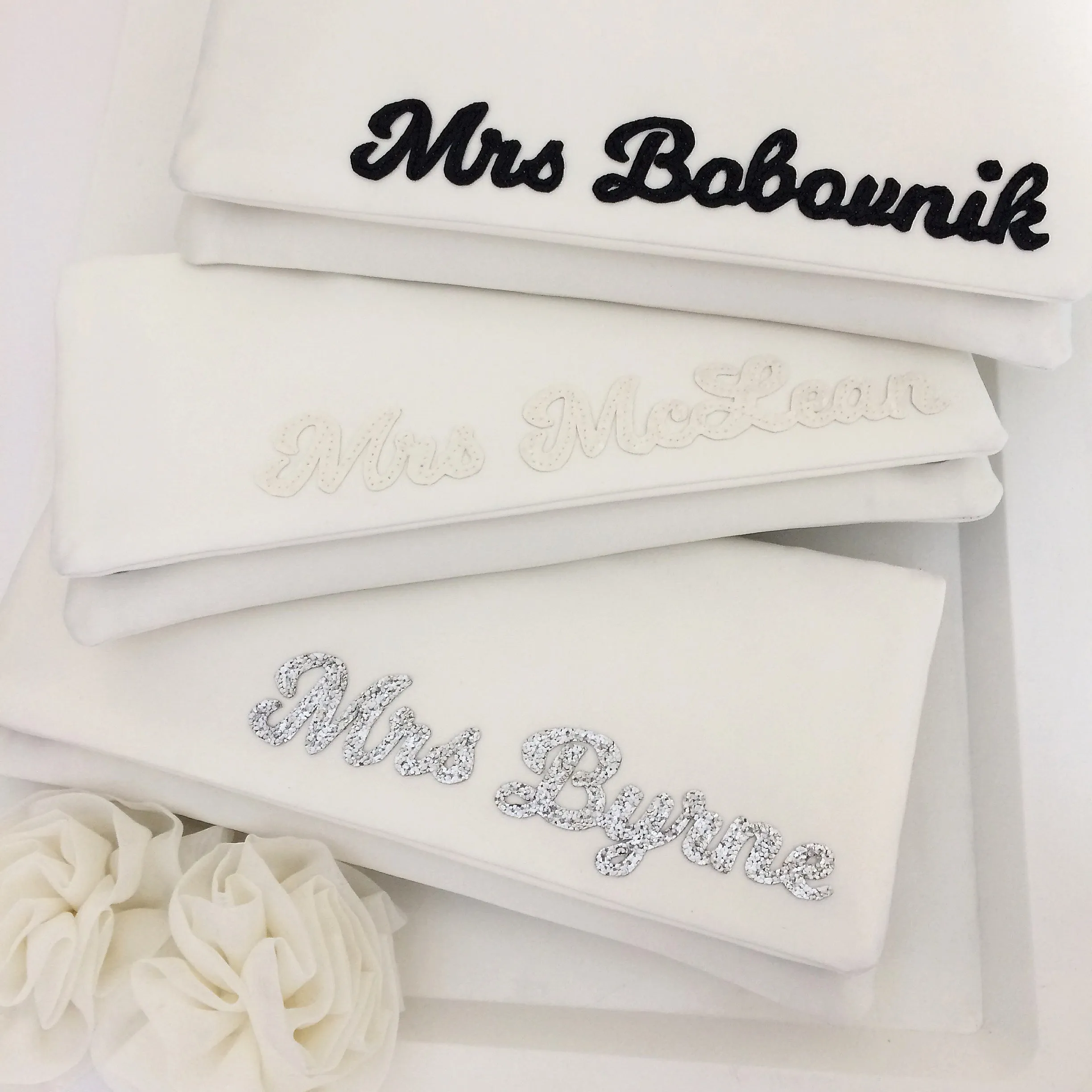 Ivory satin MRS surname wedding day bridal clutch handbag