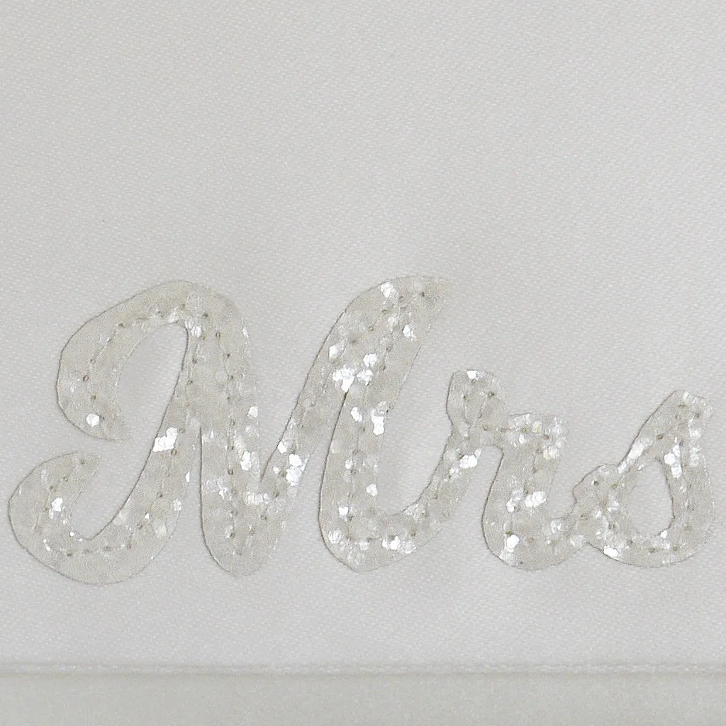 Ivory satin MRS surname wedding day bridal clutch handbag