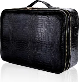JOURMON Travel Makeup Case Portable Makeup Train Case Organizer Cosmetic Bag with Adjustable Dividers and Shoulder Strap for Makeup Brushes Toiletry Travel Accessories(Crocodile Pattern Black, L)