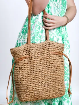 Joys Of Spring Faux Leather Strap Straw Tote Bag