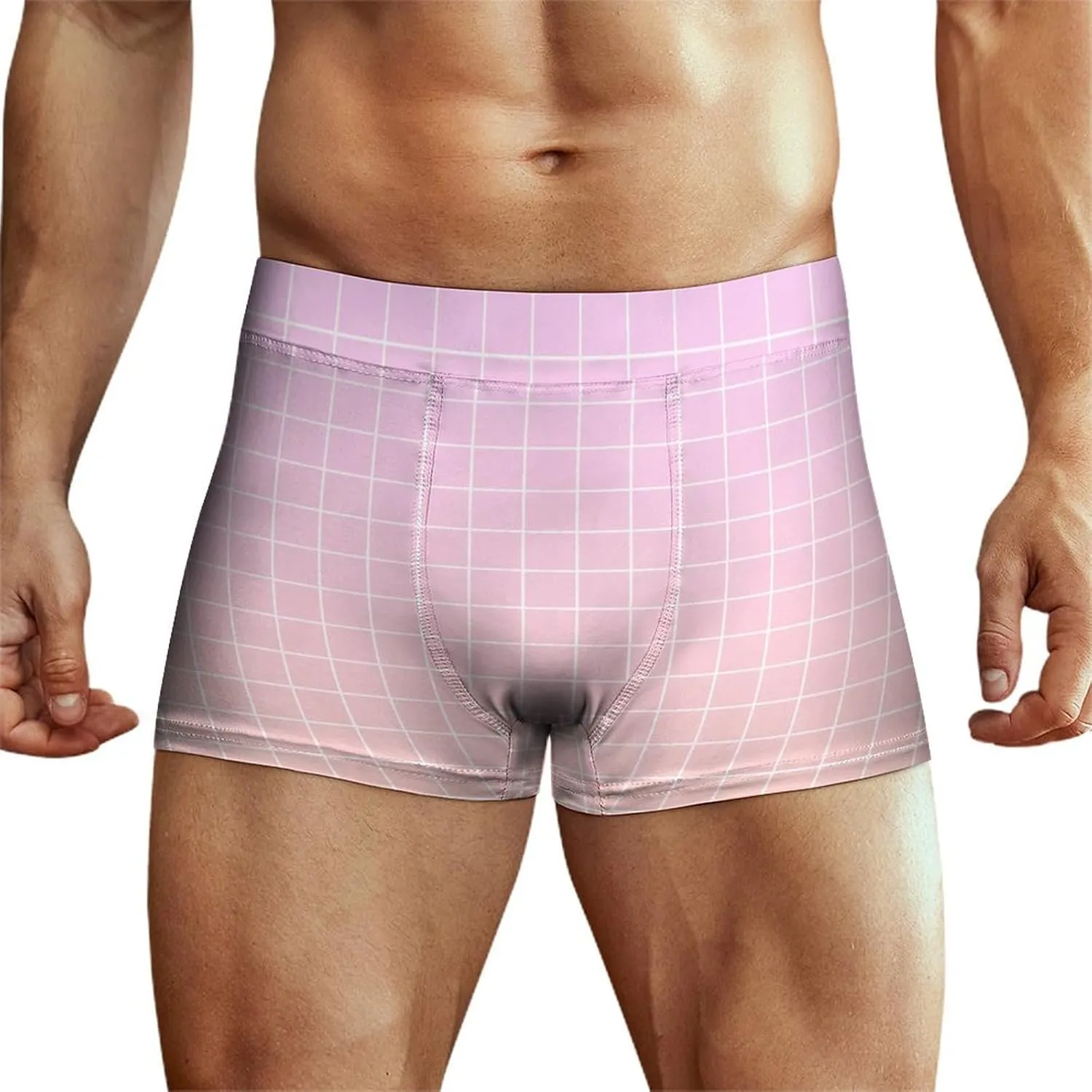 Light Pink Ombre Grid Print Mens Underwear, Soft Boxers for Men, Moisture-Wicking Breathable Boxer Briefs
