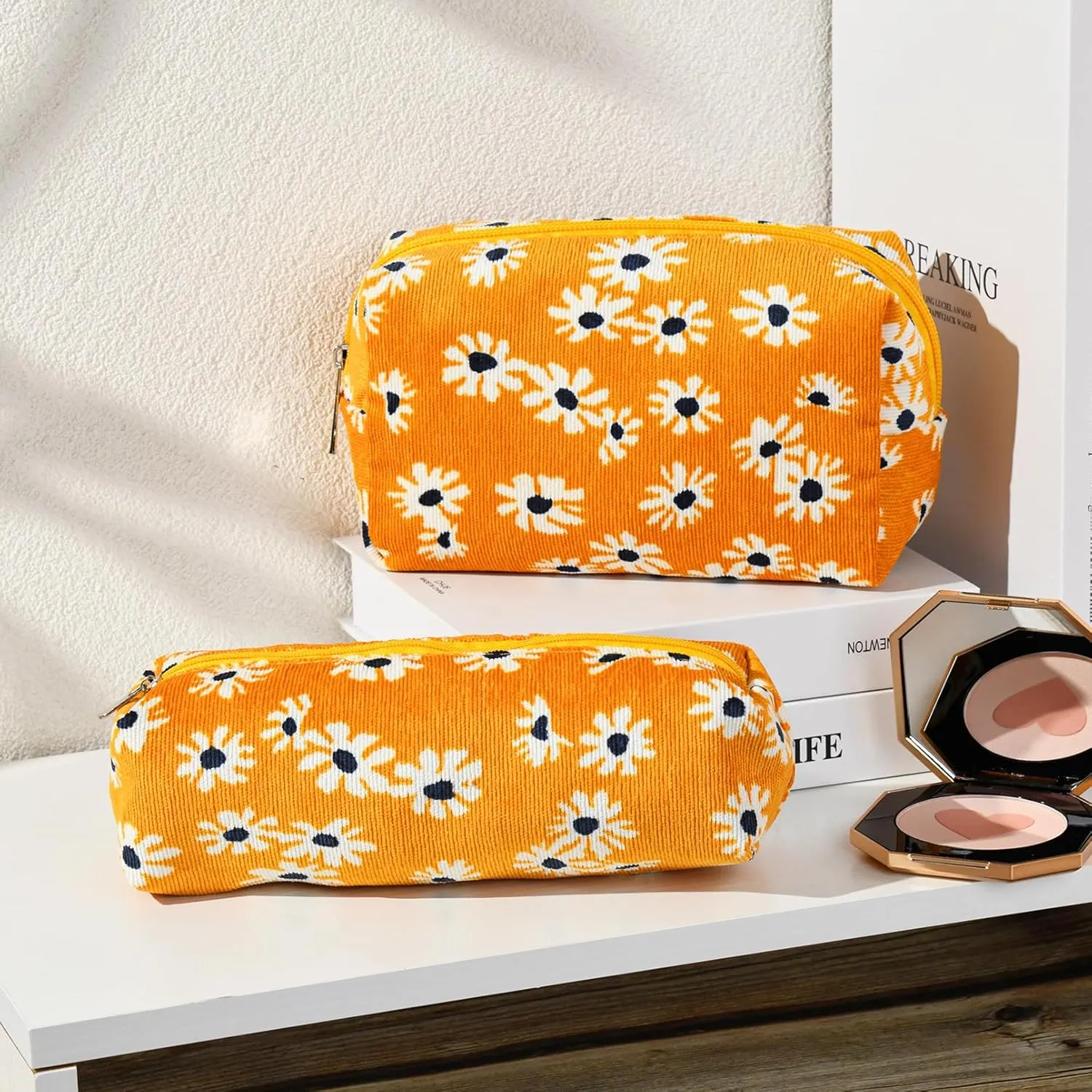 Makeup Bag Floral Cosmetic Bag Cute Makeup Pouch 1Pcs Large Capacity Makeup Bags and 1Pcs Makeup Brushes Storage Bag Travel Toiletry Bag Organizer