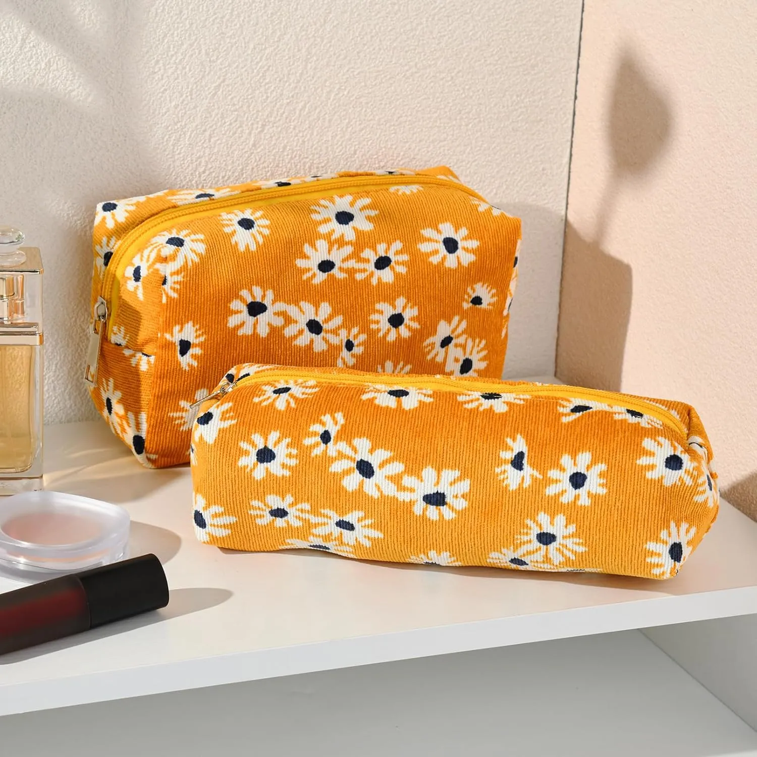 Makeup Bag Floral Cosmetic Bag Cute Makeup Pouch 1Pcs Large Capacity Makeup Bags and 1Pcs Makeup Brushes Storage Bag Travel Toiletry Bag Organizer